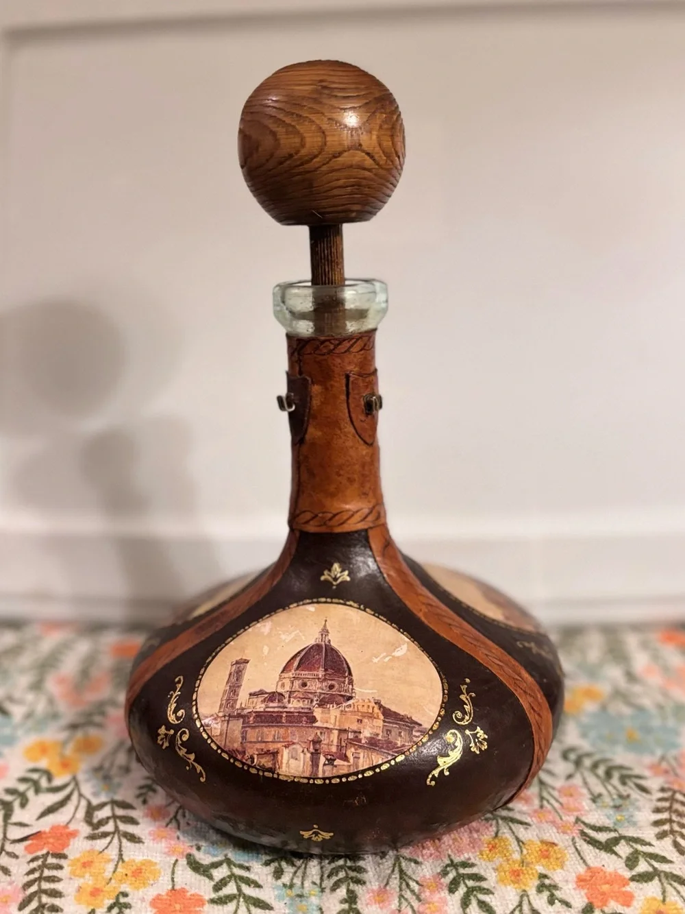 Vintage Leather Decorative Decanter with Florence Illustration.